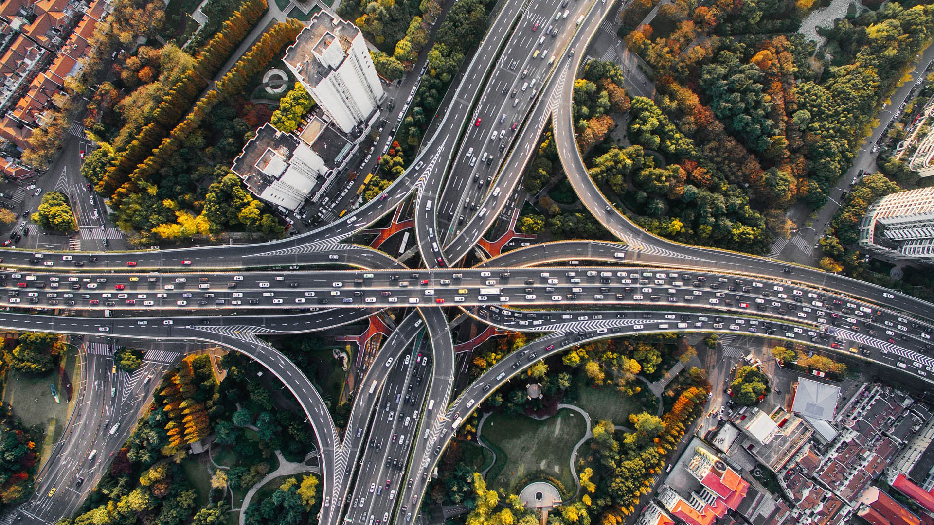 Bird's eye view of busy city roads