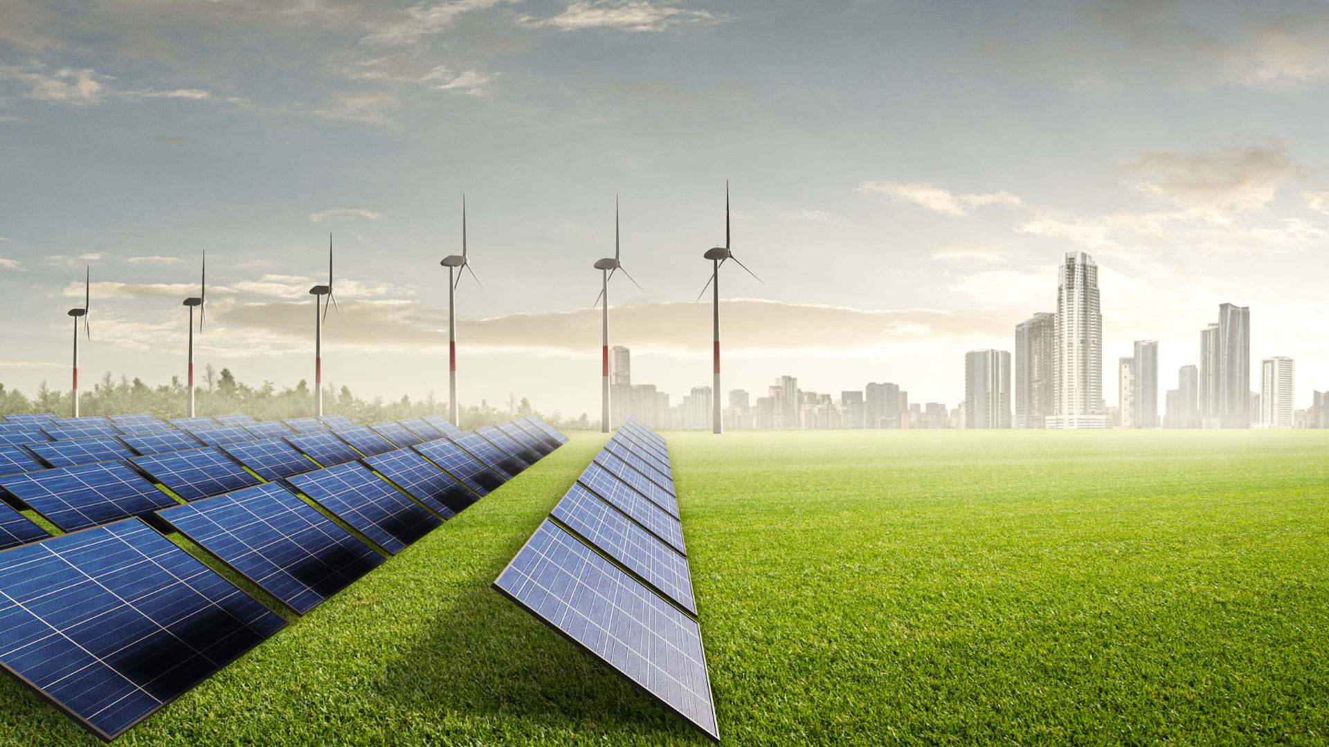 Solar and wind farms, city backdrop